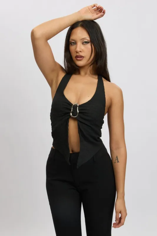 Black Halter Neck Top Metal Buckle sold by Ally Fashion