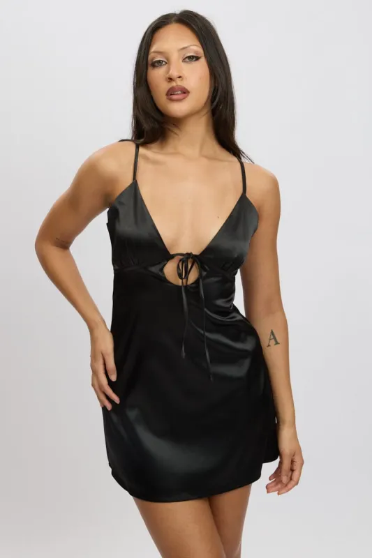 Black Mini Dress Front Tie Strappy Satin sold by Ally Fashion