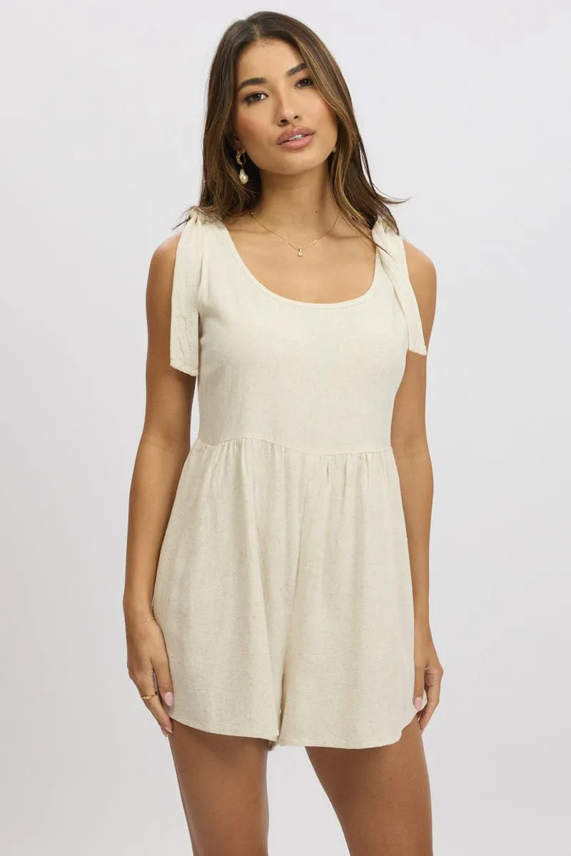 Beige Playsuit Sleeveless Tie Shoulder Linen Blend sold by Ally Fashion product image thumbnail 3