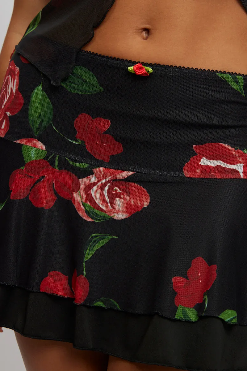 Black Floral Mini Skirt Elasticated Waist Skater Layered Mesh sold by Ally Fashion product image thumbnail 5