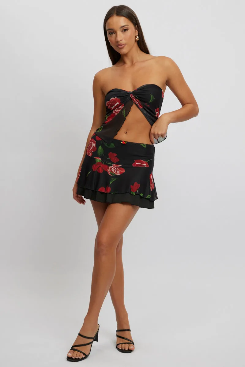 Black Floral Mini Skirt Elasticated Waist Skater Layered Mesh sold by Ally Fashion
