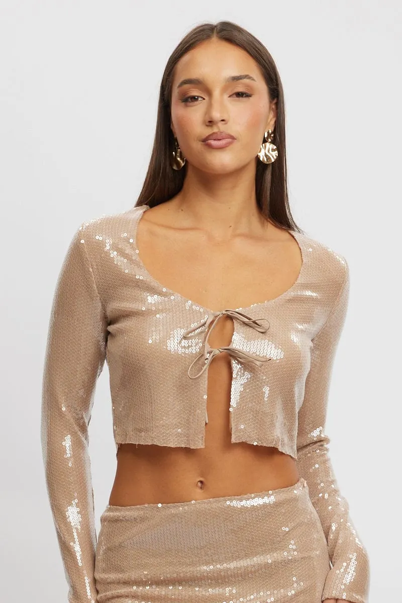 Beige Sequin Top Tie Up Front Long Sleeve sold by Ally Fashion