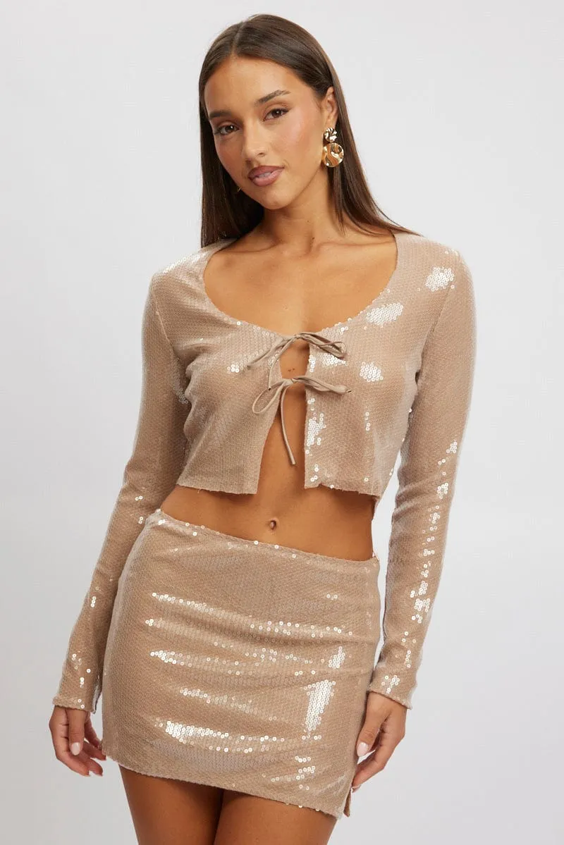 Beige Sequin Top Tie Up Front Long Sleeve sold by Ally Fashion product image thumbnail 2