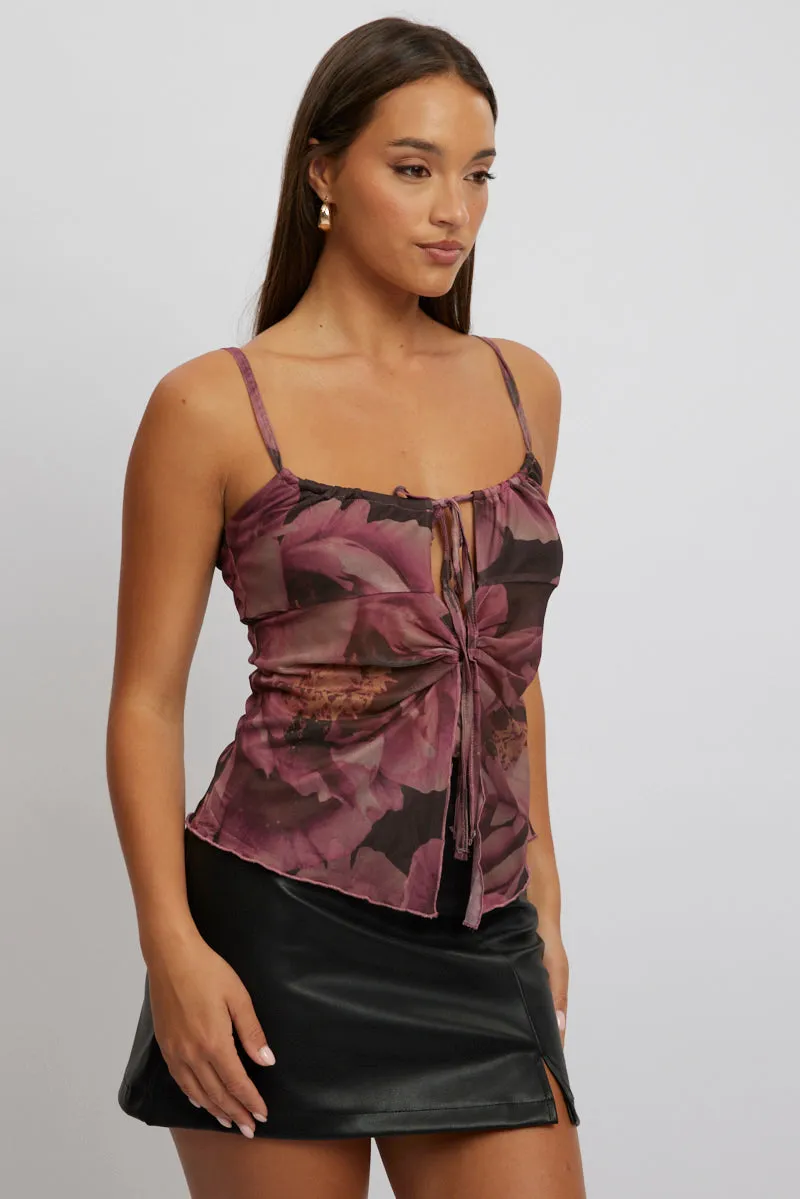 Pink Floral Singlet Top Tie Up Front sold by Ally Fashion product image thumbnail 4