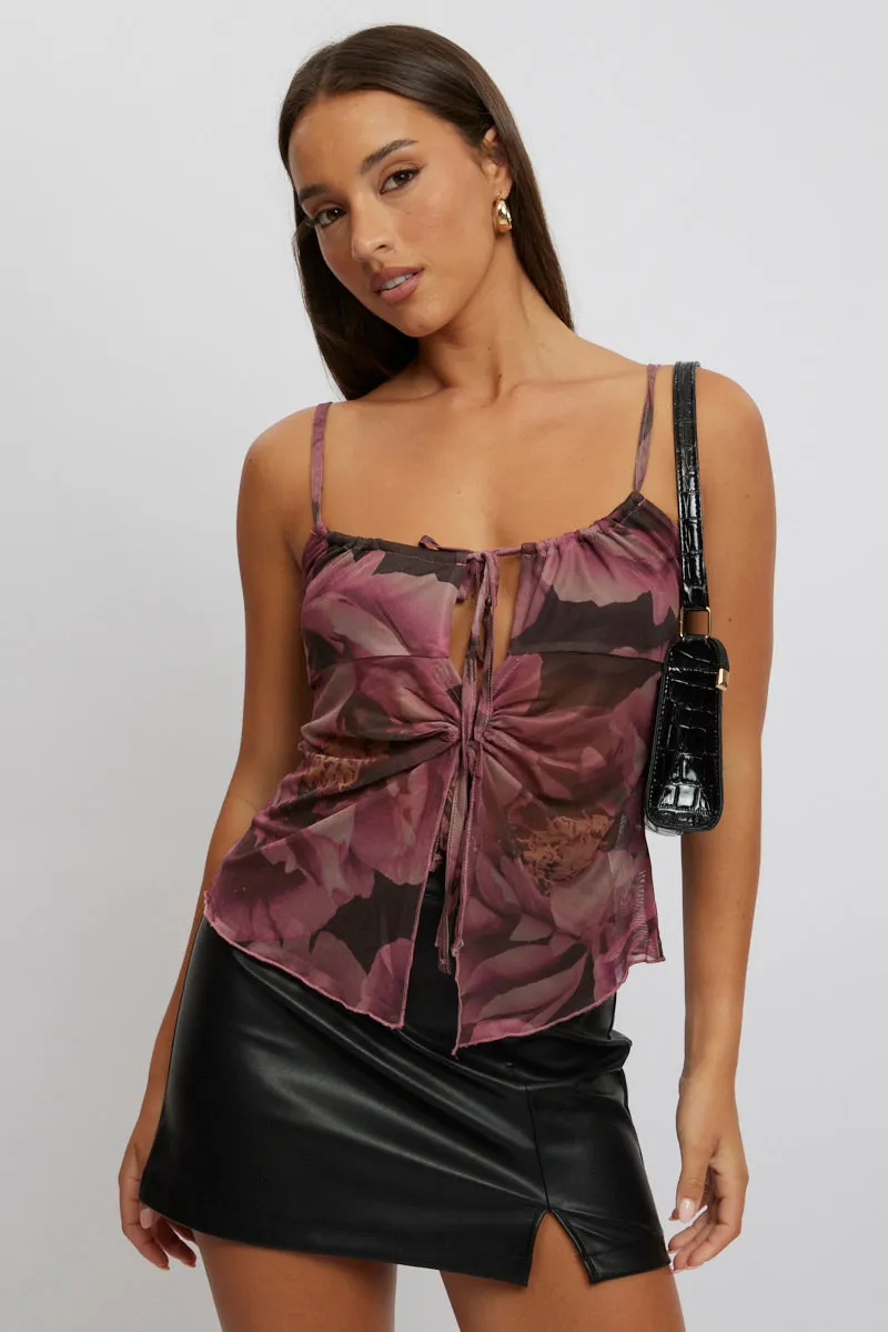 Pink Floral Singlet Top Tie Up Front sold by Ally Fashion