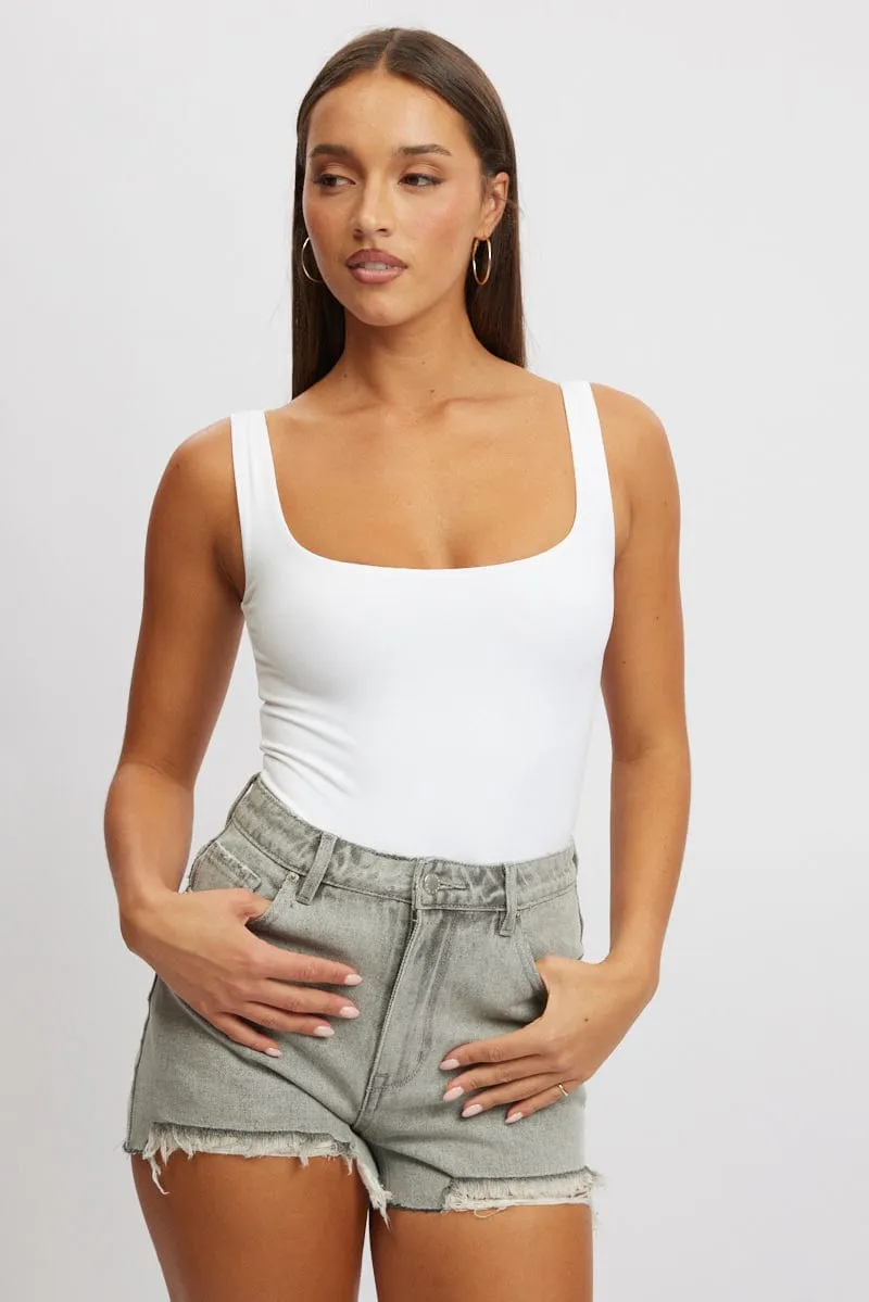 White Square Neck Bodysuit Supersoft sold by Ally Fashion