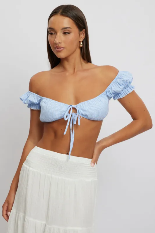 Blue Check Crop Top Short Sleeve Tie Front sold by Ally Fashion