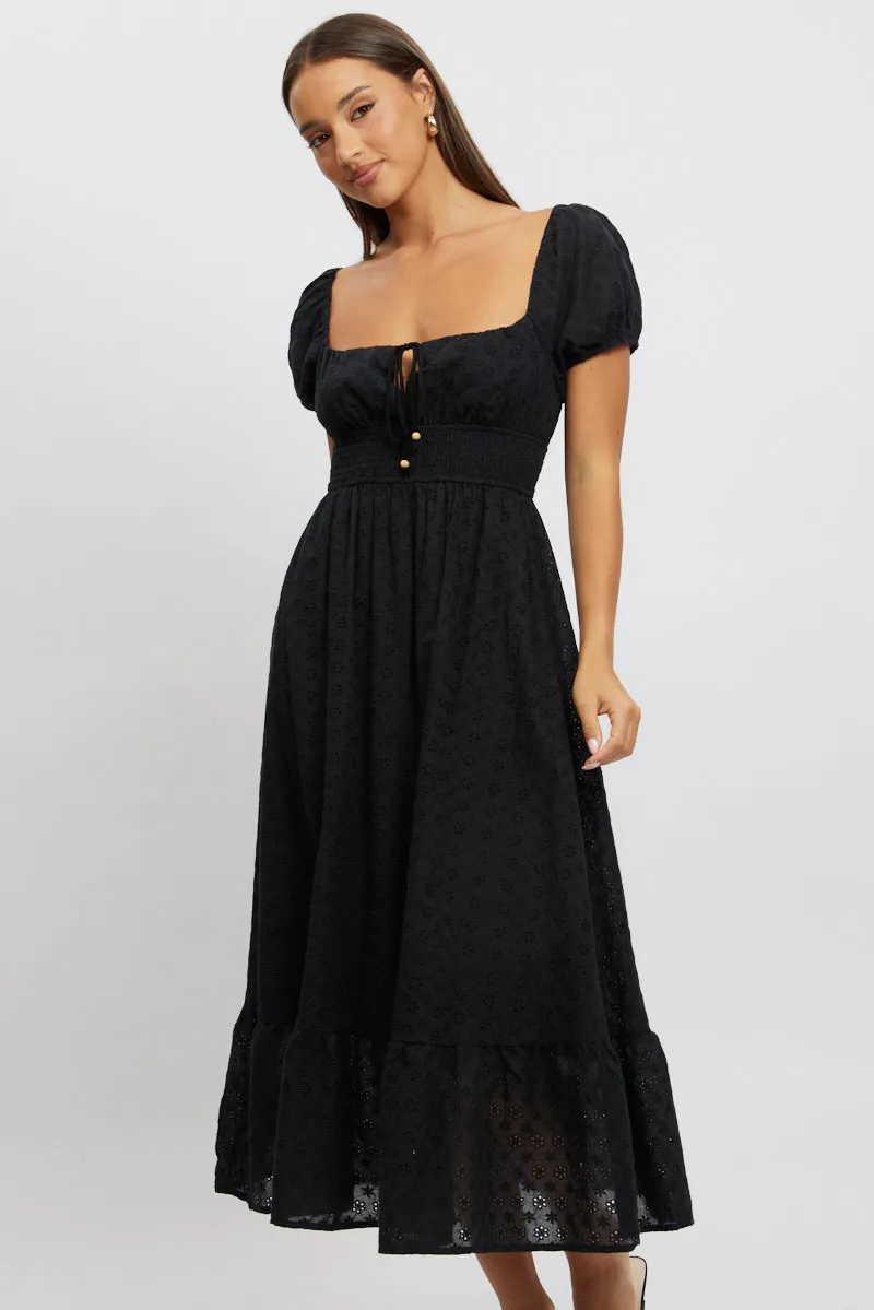 Black Maxi Dress Puff Sleeve Eyelet Fabric sold by Ally Fashion