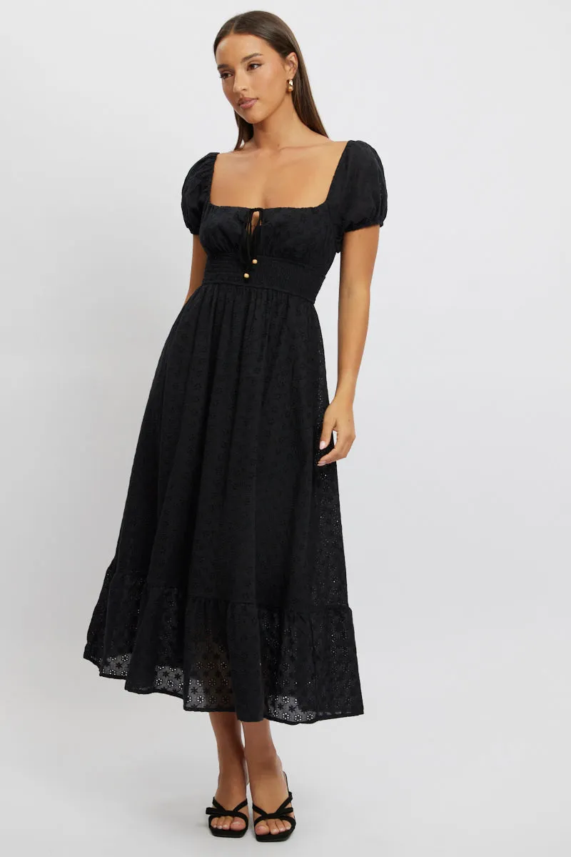 Black Maxi Dress Puff Sleeve Eyelet Fabric sold by Ally Fashion product image thumbnail 2