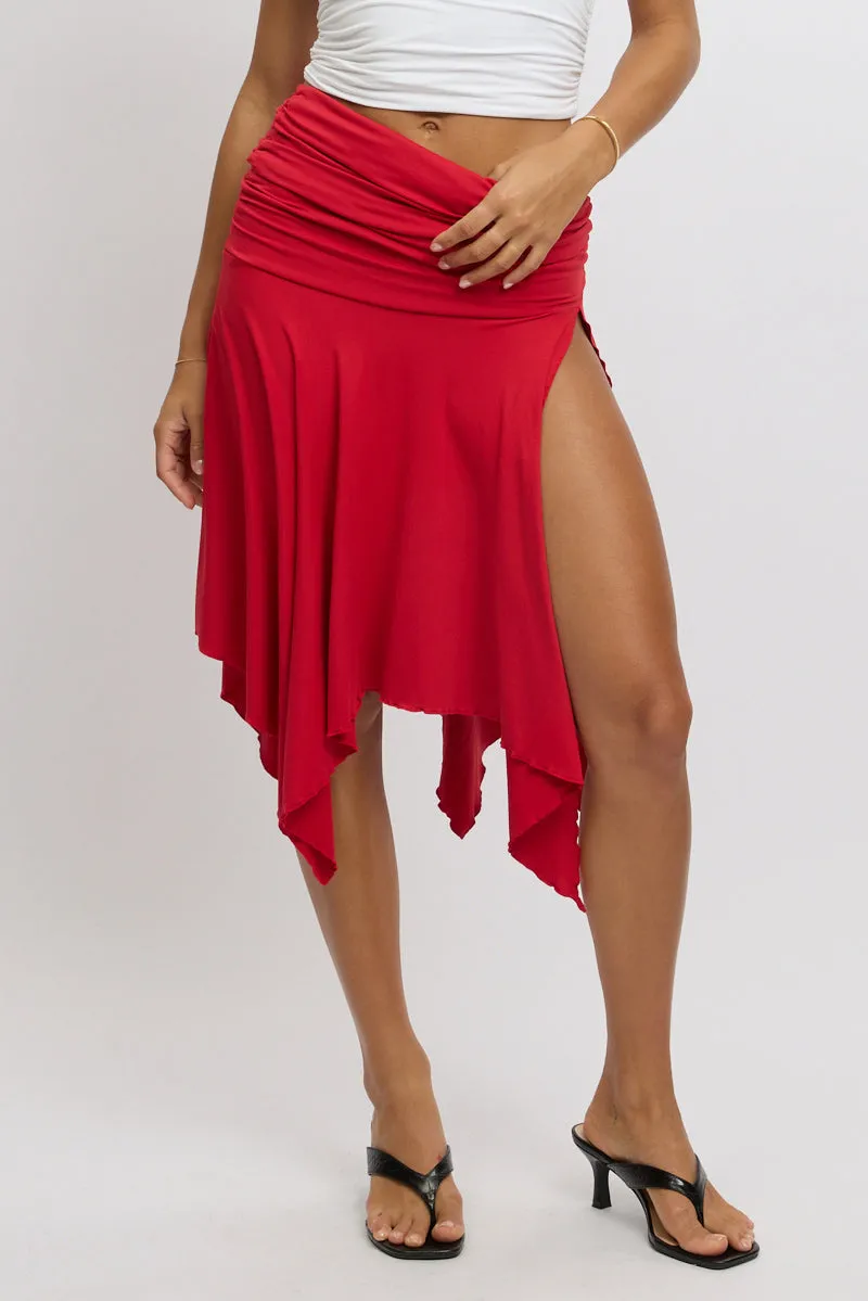 Red Scarf Hem Skirt High Rise Midi Asymm Supersoft sold by Ally Fashion