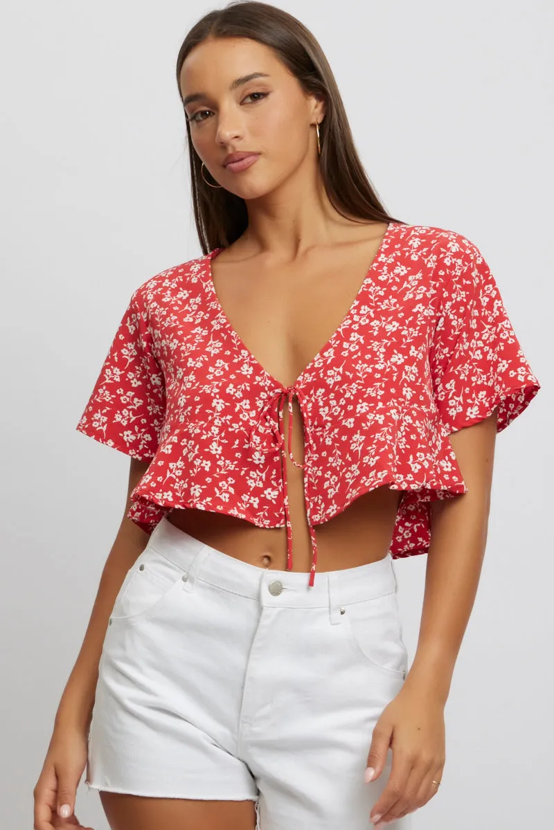 Red Ditsy Tie Up Top Short Sleeve Crop sold by Ally Fashion