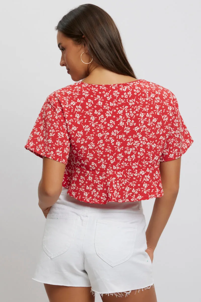 Red Ditsy Tie Up Top Short Sleeve Crop sold by Ally Fashion product image thumbnail 5