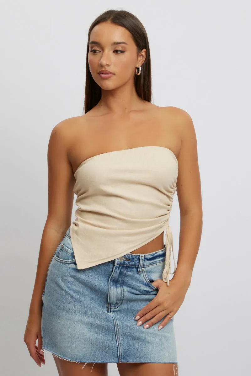 Beige Tube Top Side Ruched Linen Blend sold by Ally Fashion
