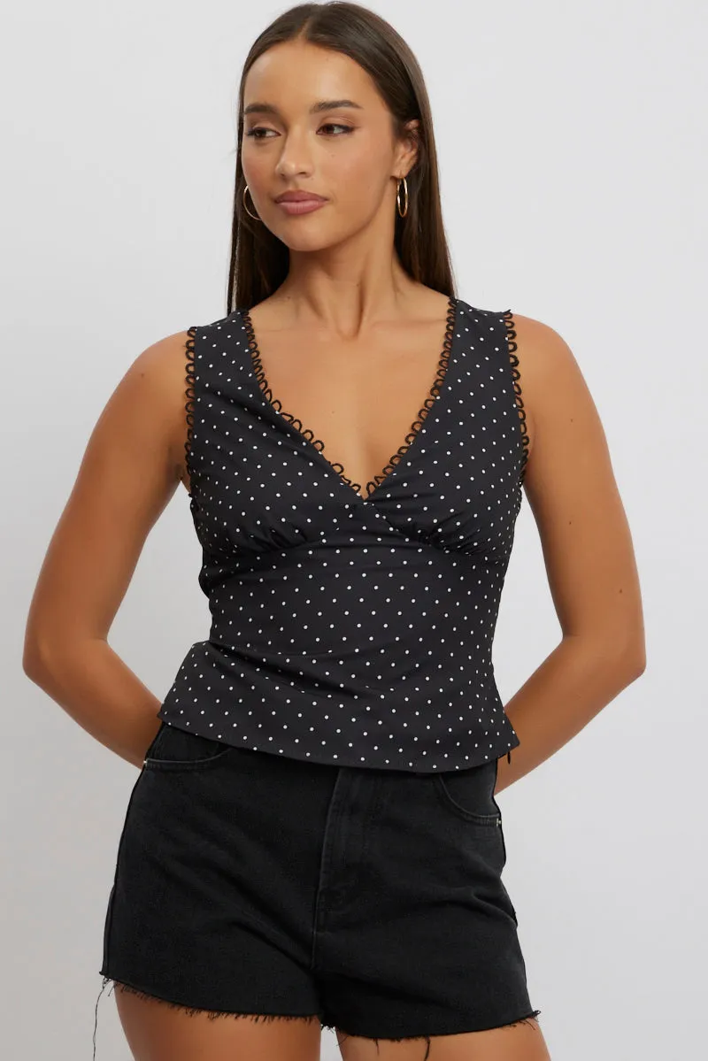 Black Polka Dot Top Sleeveless V-Neck sold by Ally Fashion product image thumbnail 3