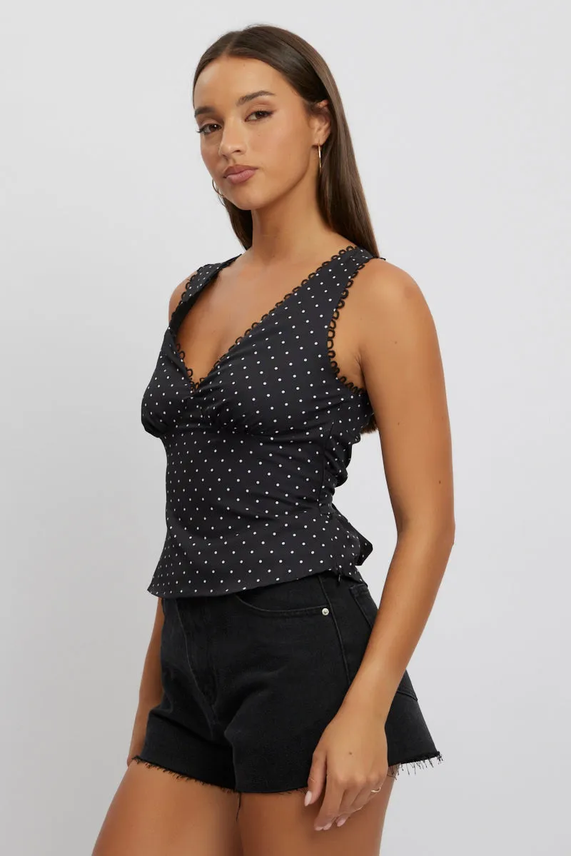 Black Polka Dot Top Sleeveless V-Neck sold by Ally Fashion product image thumbnail 4