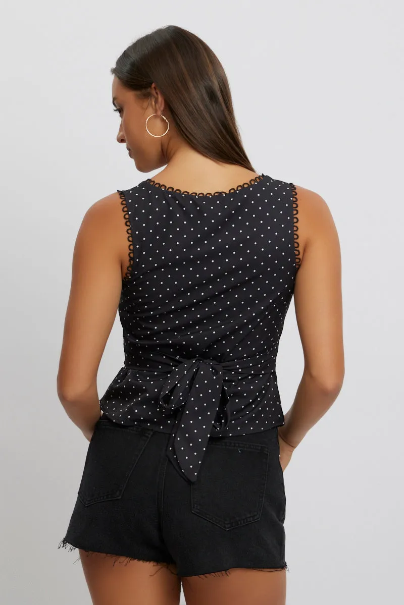 Black Polka Dot Top Sleeveless V-Neck sold by Ally Fashion product image thumbnail 5