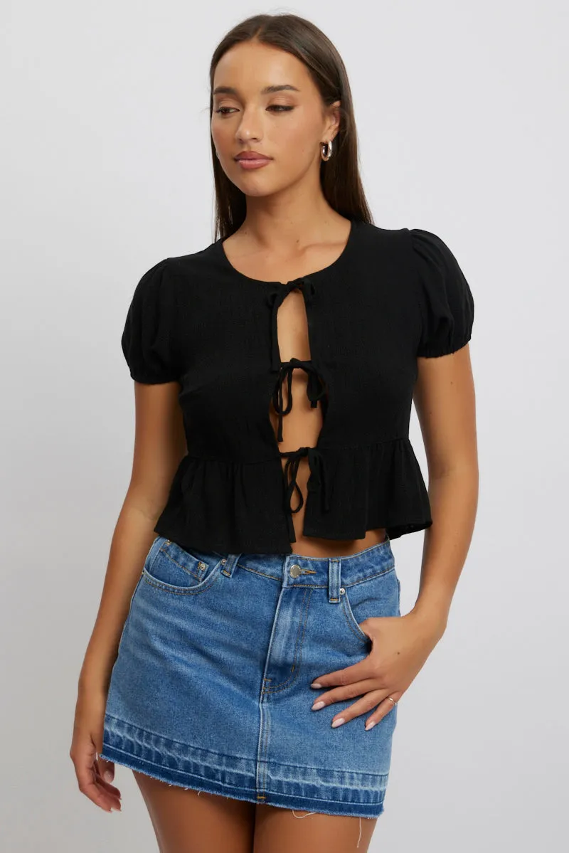 Black Tie Front Top Puff Sleeve sold by Ally Fashion product image thumbnail 3