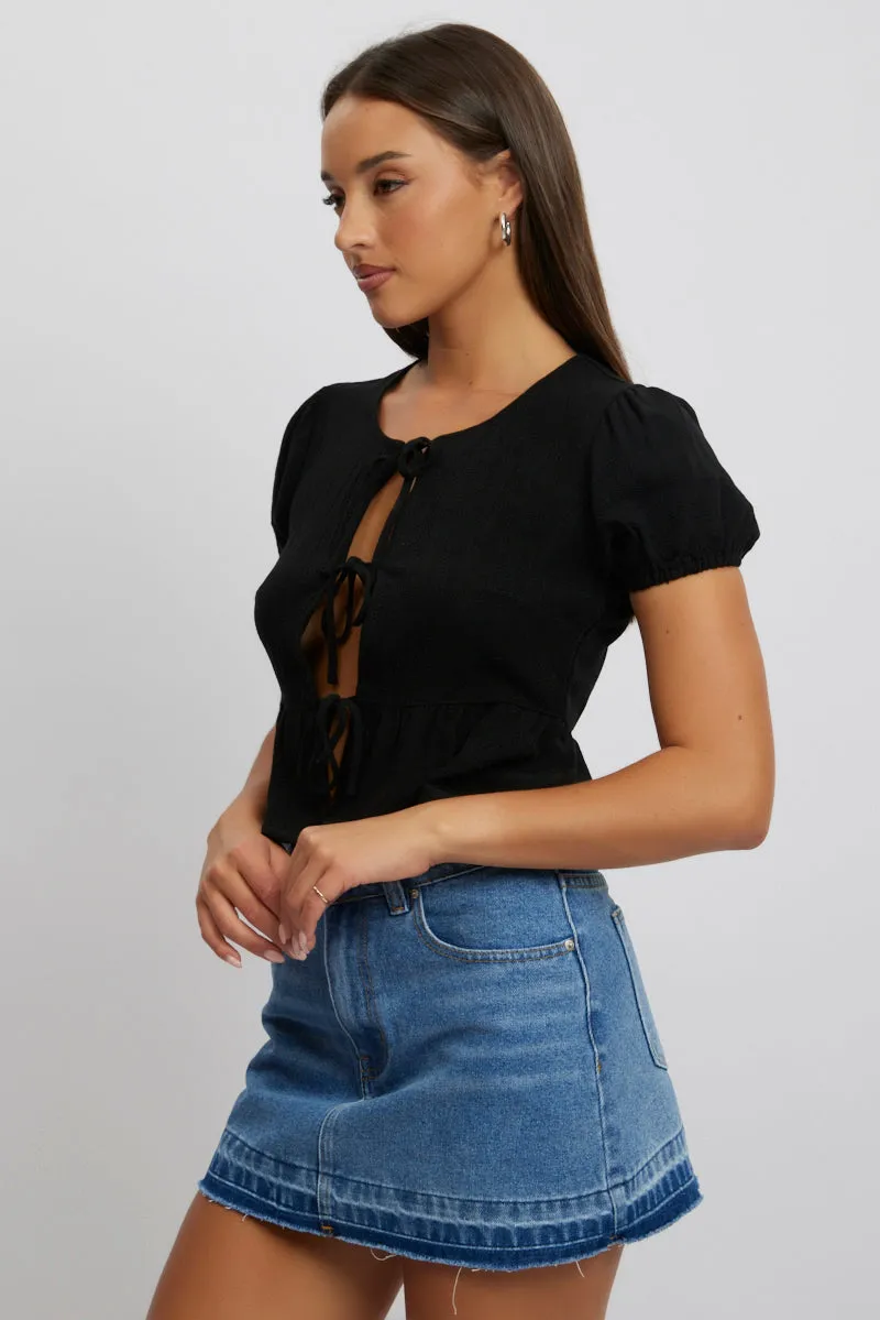 Black Tie Front Top Puff Sleeve sold by Ally Fashion product image thumbnail 4