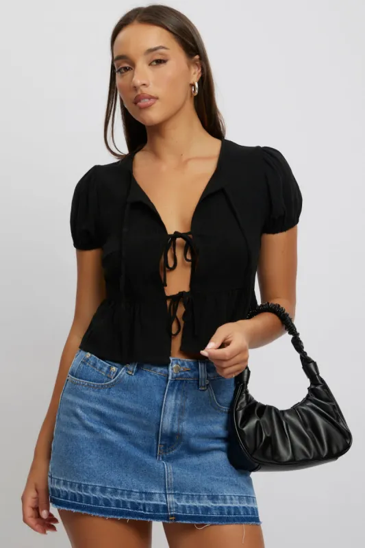 Black Tie Front Top Puff Sleeve sold by Ally Fashion