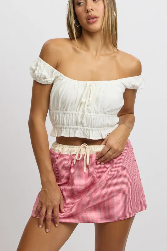 Red Check Mini Skirt Elasticated Waist Satin Contrast sold by Ally Fashion