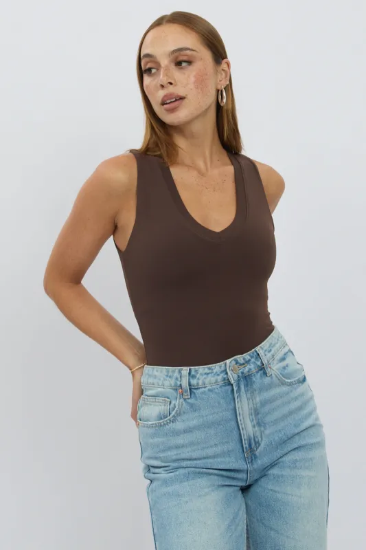 Brown Bodysuit Sleeveless V Neck sold by Ally Fashion