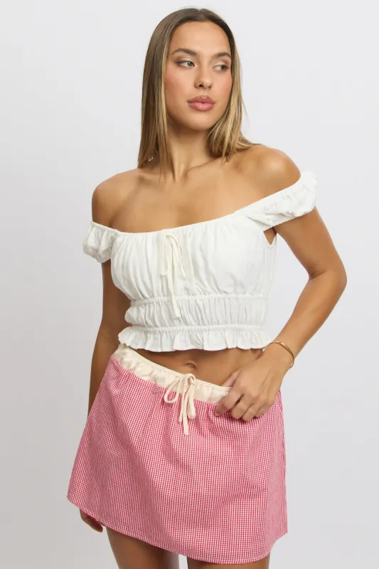 White Ruched Top Short Sleeve Linen Blend sold by Ally Fashion