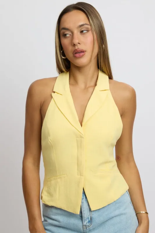 Yellow Vest Top V Neck Halter Neck Open Back sold by Ally Fashion