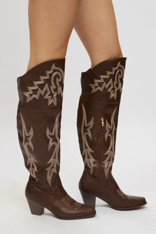 Brown Over The Knee Western Boots sold by Ally Fashion