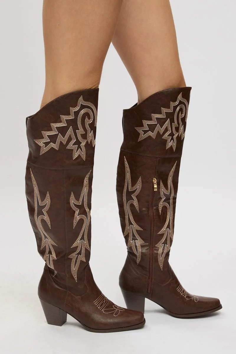 Brown Over The Knee Western Boots sold by Ally Fashion