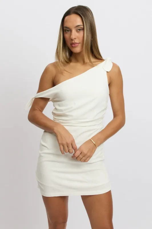 White Bodycon Dress Tie up Shoulder Linen sold by Ally Fashion