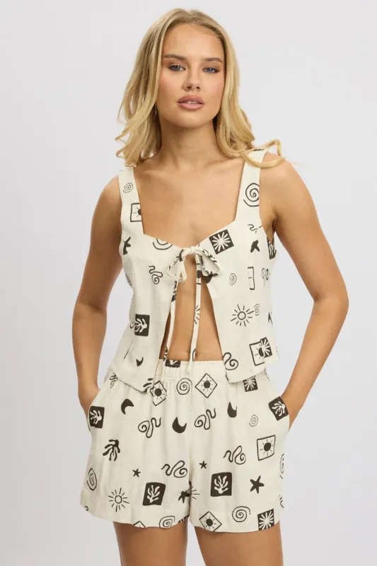 Beige Abstract Open Front Top Sleeveless Linen Blend sold by Ally Fashion