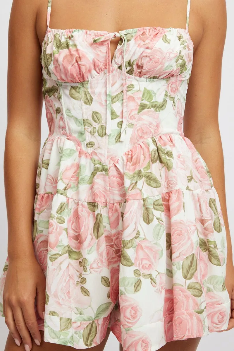 Pink Floral Playsuit Gathered Bust Mini sold by Ally Fashion product image thumbnail 5