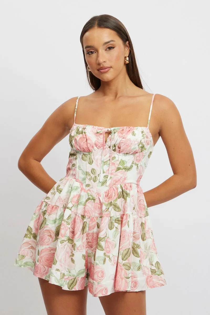 Pink Floral Playsuit Gathered Bust Mini sold by Ally Fashion product image thumbnail 2