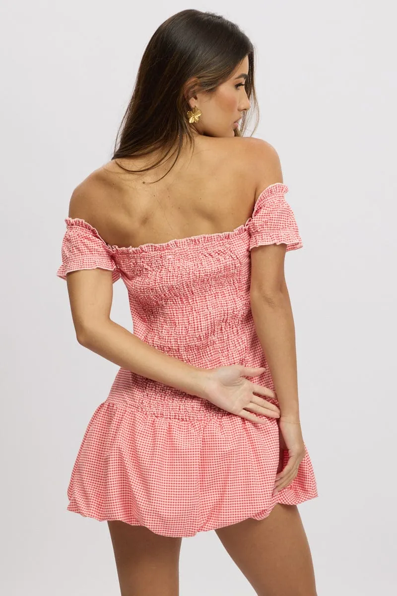 Red Check Bubble Dress Off The Shoulder sold by Ally Fashion product image thumbnail 5