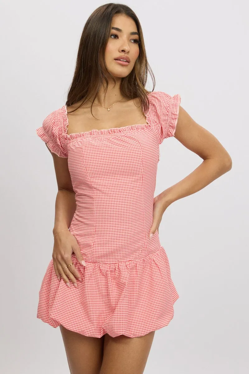 Red Check Bubble Dress Off The Shoulder sold by Ally Fashion product image thumbnail 3