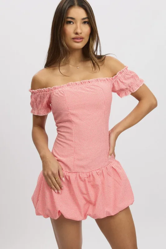 Red Check Bubble Dress Off The Shoulder sold by Ally Fashion