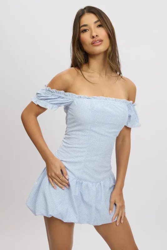 Blue Check Bubble Dress Off The Shoulder sold by Ally Fashion