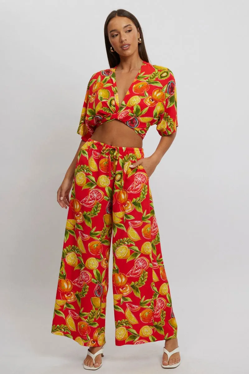 Red Abstract Wide Leg Pants High Rise sold by Ally Fashion