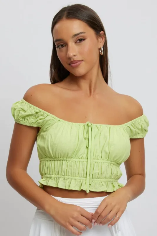 Green Ruched Top Short Sleeve Linen Blend sold by Ally Fashion