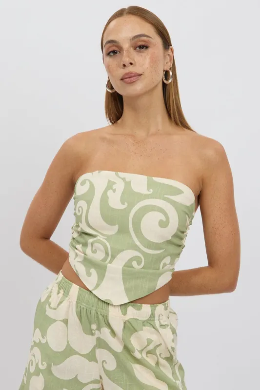 Green Abstract Crop Top Strapless Scarf Linen Blend sold by Ally Fashion