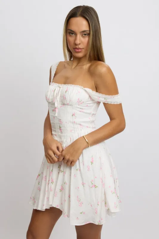 Pink Ditsy Fit And Flare Dress Corset Detail Mini sold by Ally Fashion