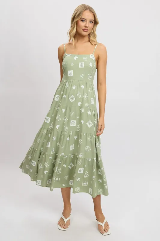 Green Abstract Midi Dress Tiered Strappy sold by Ally Fashion