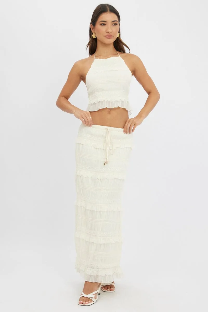White Maxi Skirt Elastic Waistband Ruffle Textured sold by Ally Fashion product image thumbnail 3