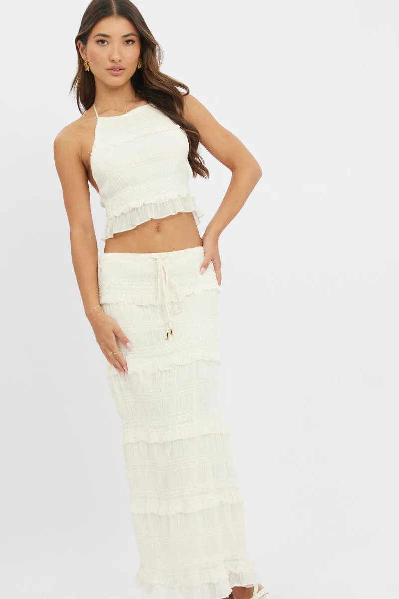 White Maxi Skirt Elastic Waistband Ruffle Textured sold by Ally Fashion