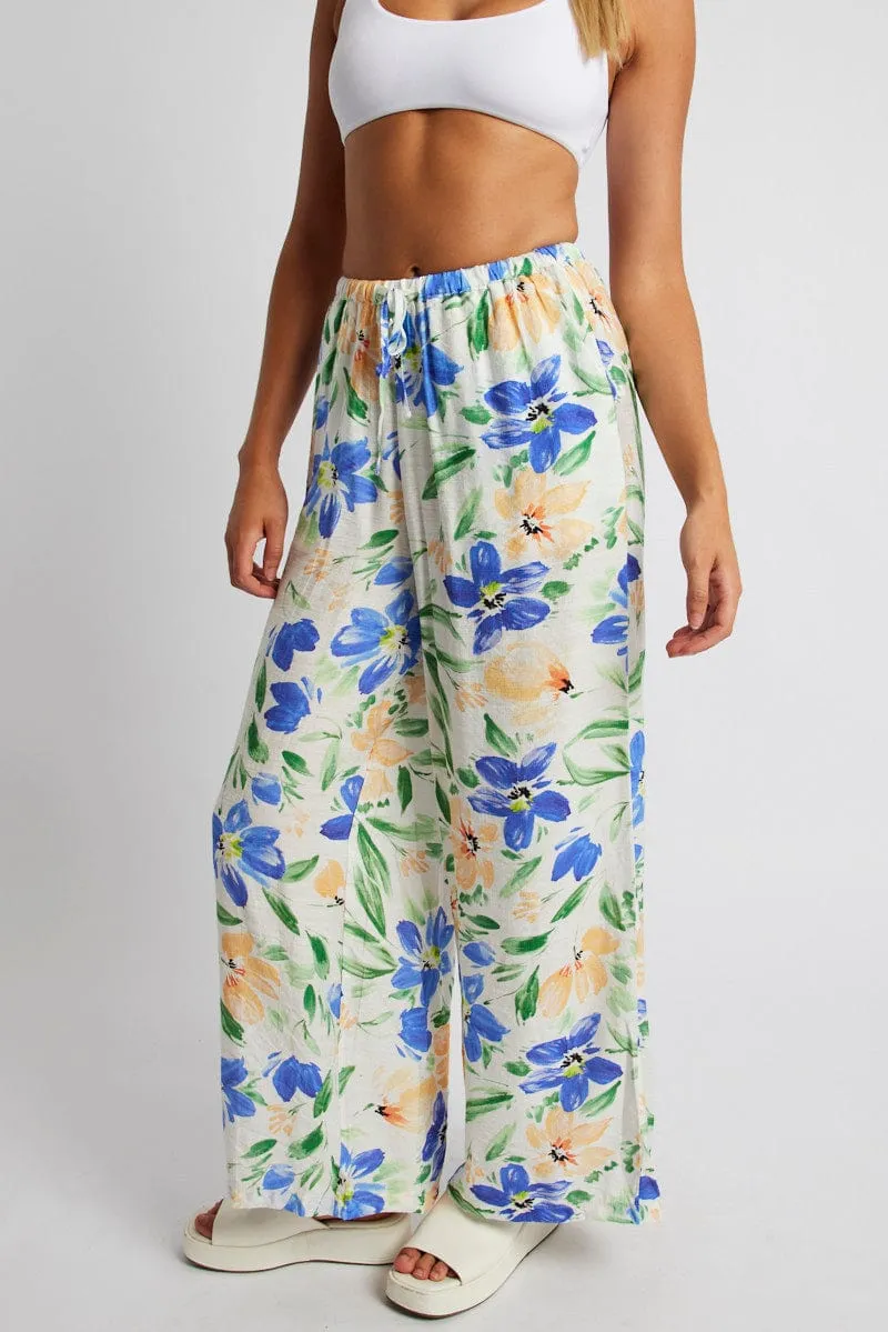 White Floral Wide Leg Pants Mid Rise sold by Ally Fashion