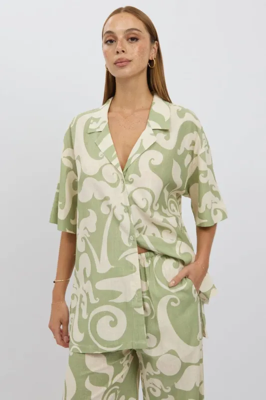 Green Abstract Relaxed Shirt Short Sleeve Linen Blend sold by Ally Fashion