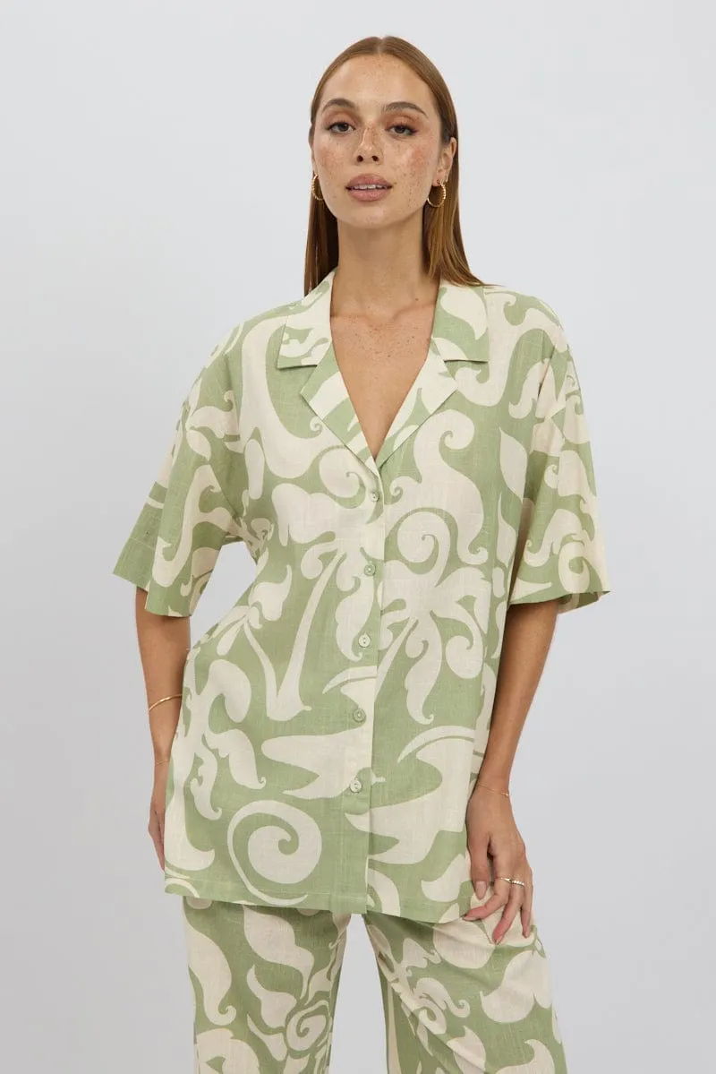 Green Abstract Relaxed Shirt Short Sleeve Linen Blend sold by Ally Fashion product image thumbnail 3