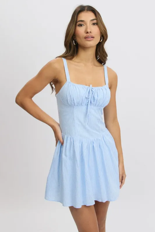 Blue Check Fit And Flare Dress Drop Waist Mini sold by Ally Fashion