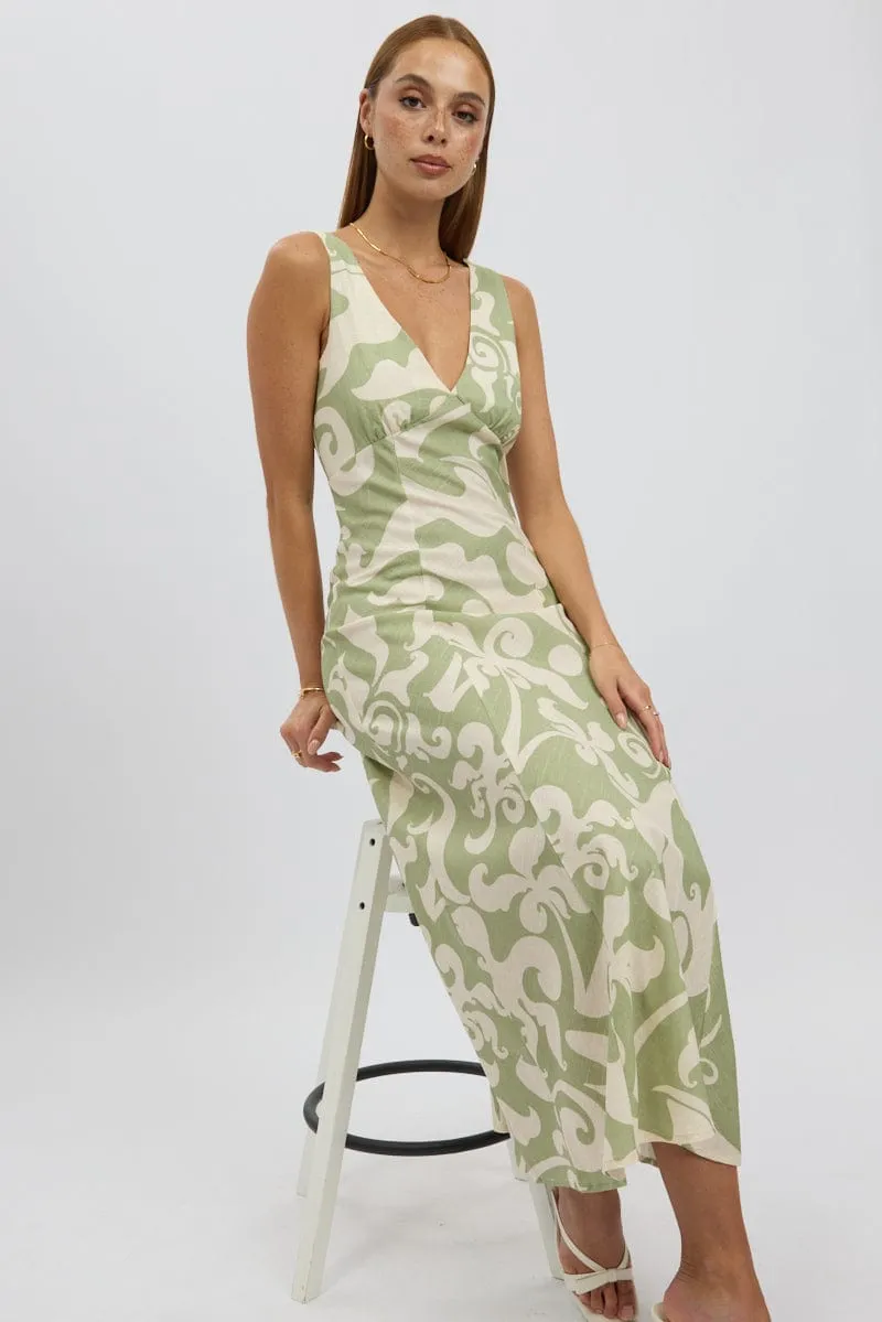 Green Abstract Midi Dress V Neck Sleeveless sold by Ally Fashion