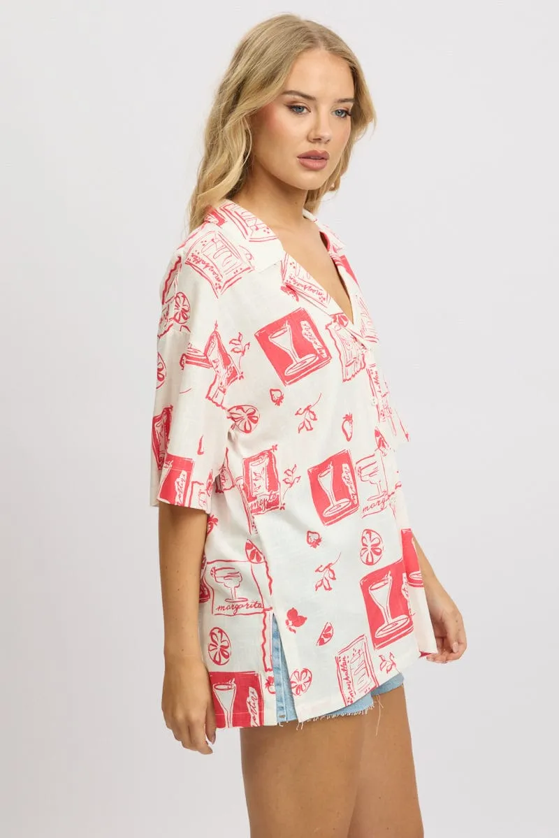 Red Abstract Relaxed Shirt Short Sleeve Linen Blend sold by Ally Fashion product image thumbnail 4